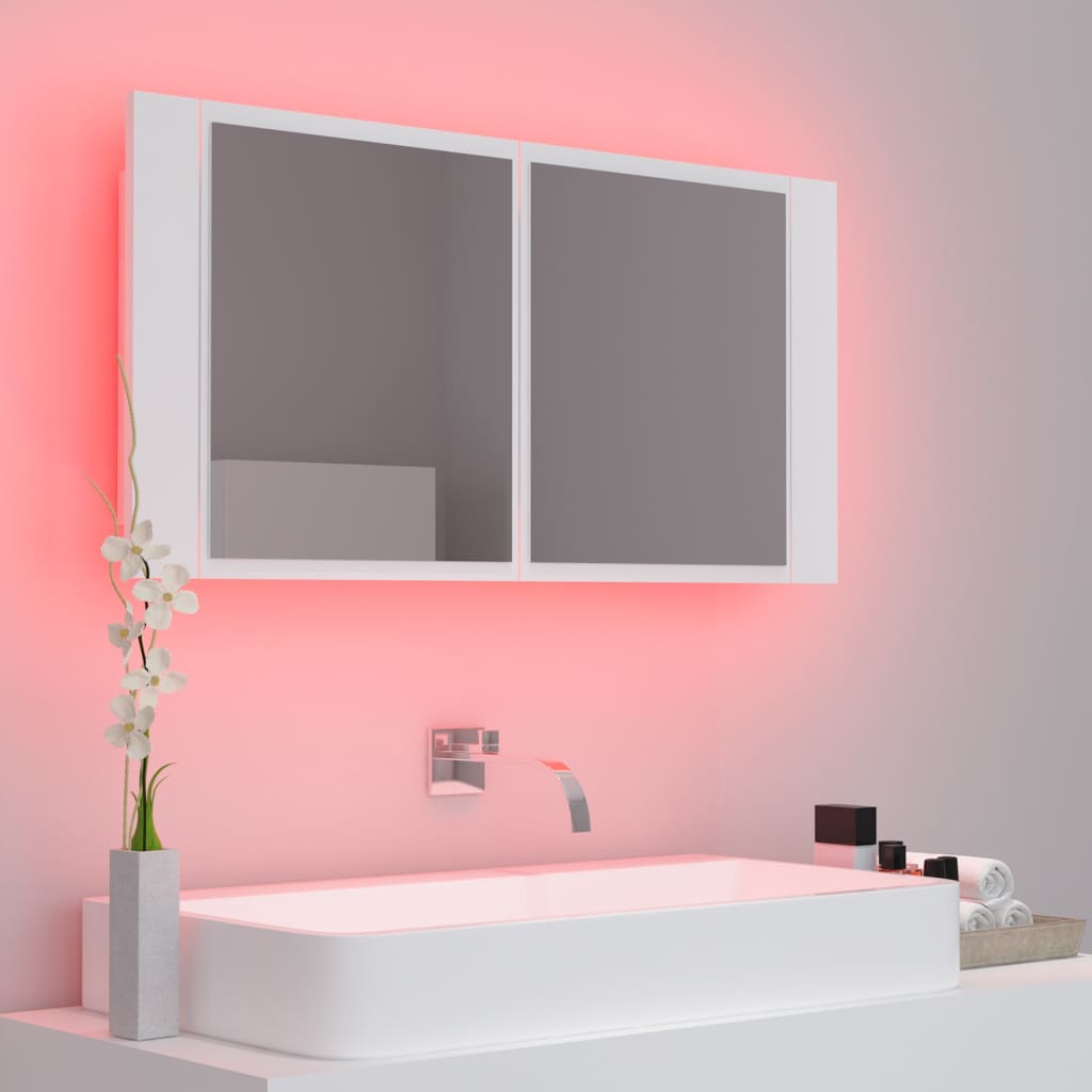 LED kupaonski ormarić s ogledalom bijeli 90x12x45 cm akrilni