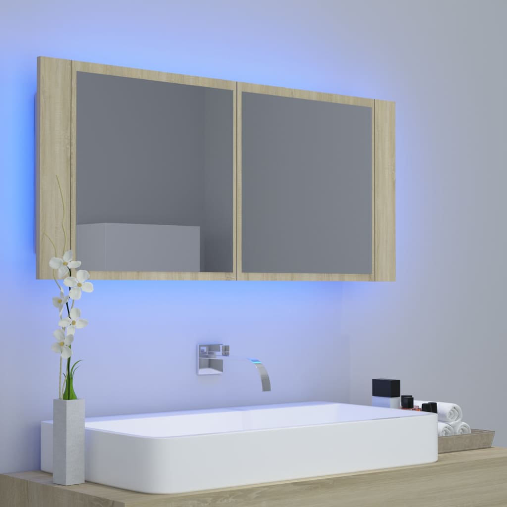 LED kupaonski ormarić s ogledalom boja hrasta 100x12x45 akrilni