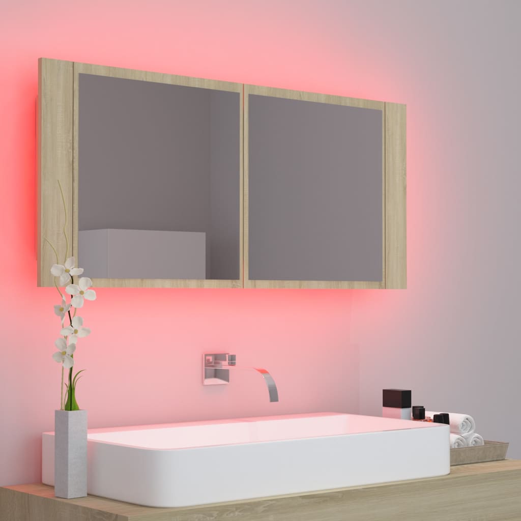 LED kupaonski ormarić s ogledalom boja hrasta 100x12x45 akrilni