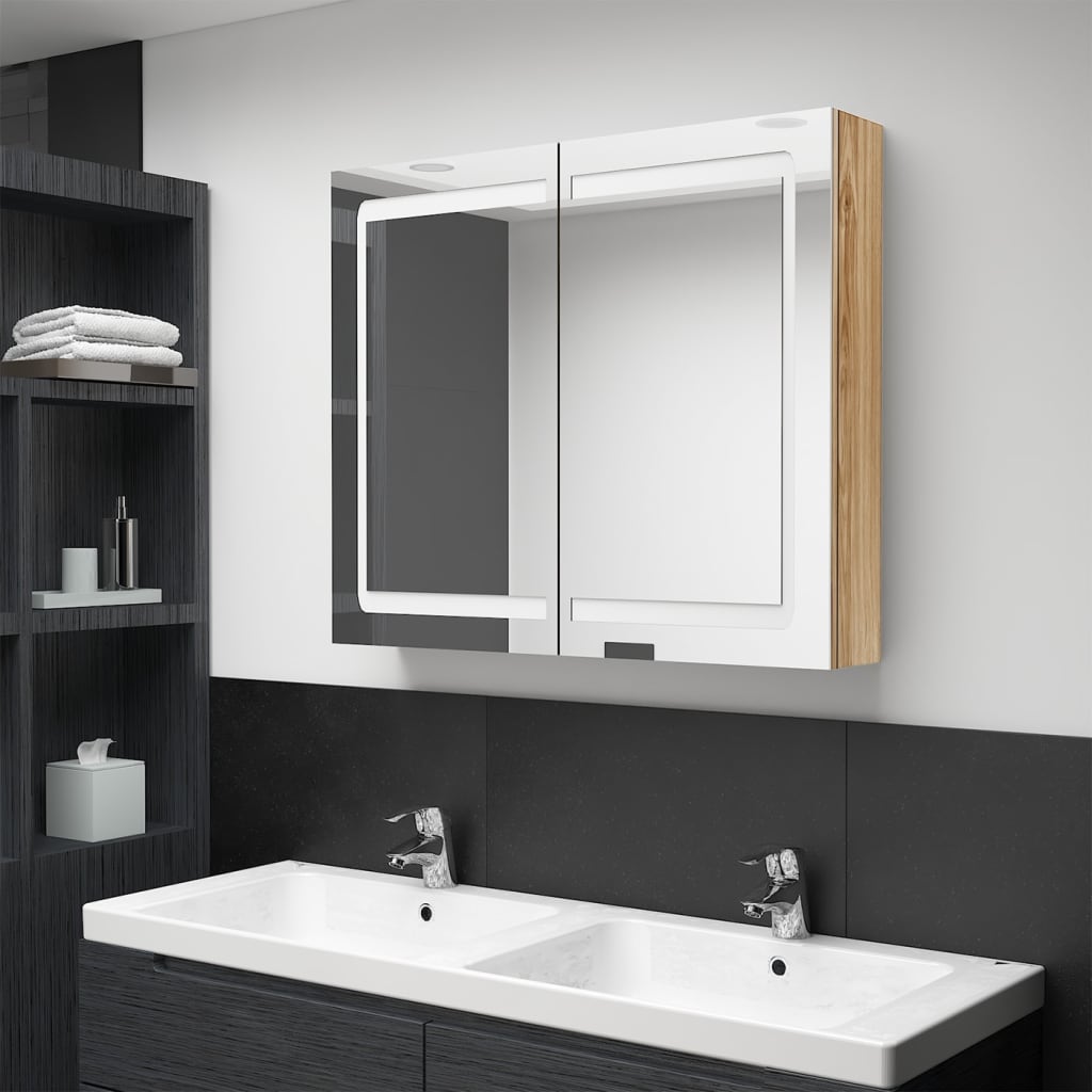 LED kupaonski ormarić s ogledalom boja hrasta 80 x 12 x 68 cm