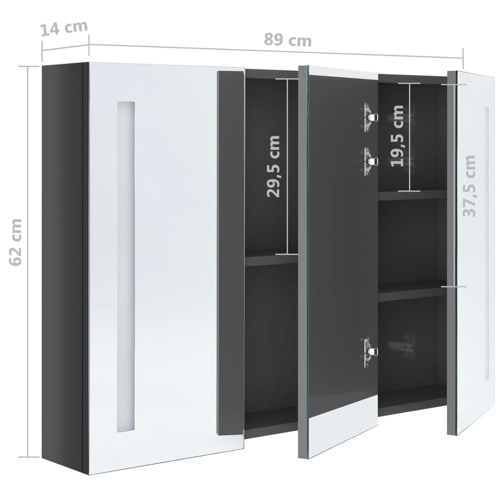LED kupaonski ormarić s ogledalom 89 x 14 x 62 cm sjajni sivi