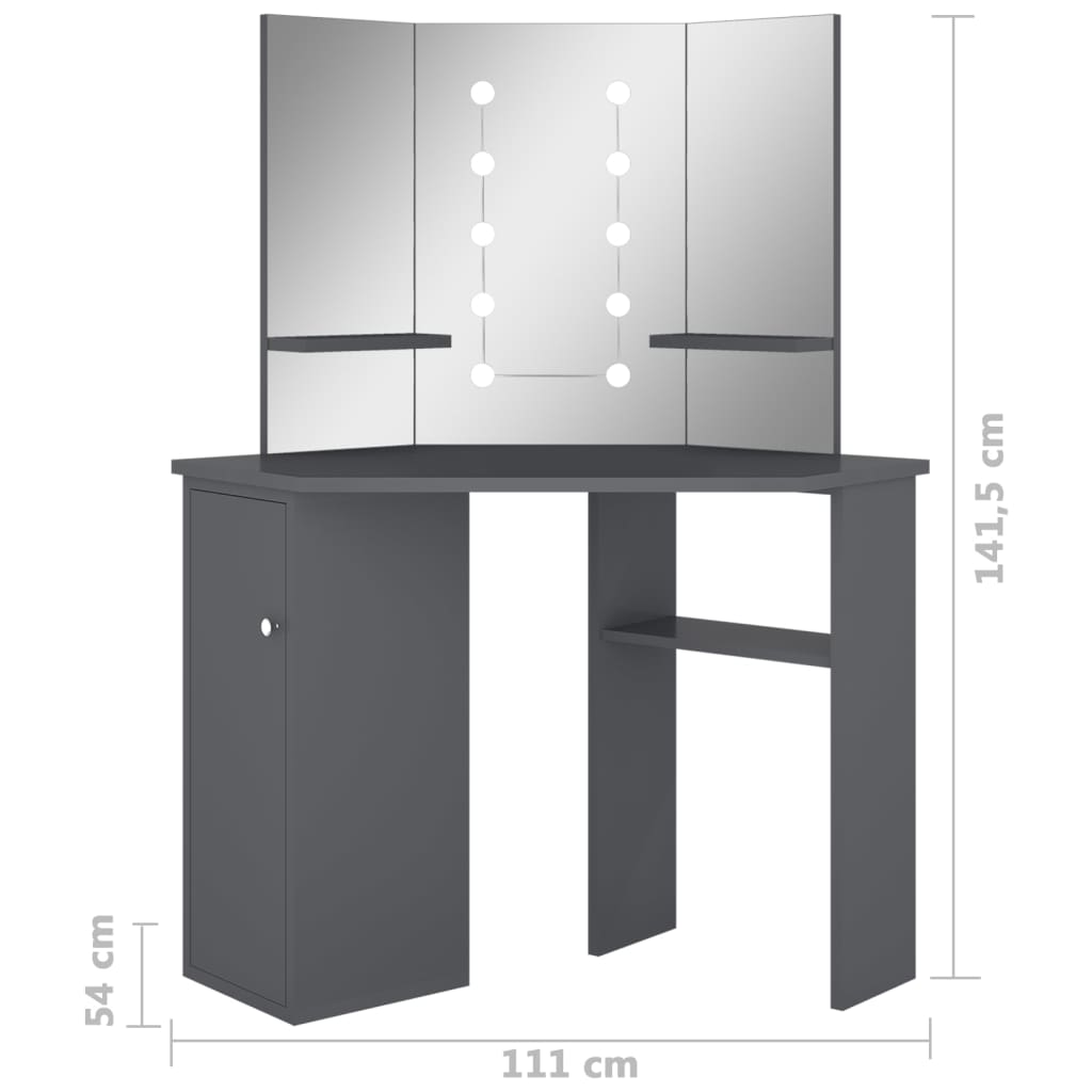 Kutni toaletni stolić s LED svjetlima sivi 111 x 54 x 141,5 cm