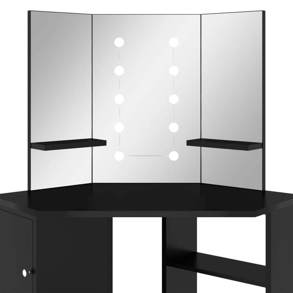 Kutni toaletni stolić s LED svjetlima crni 111 x 54 x 141,5 cm
