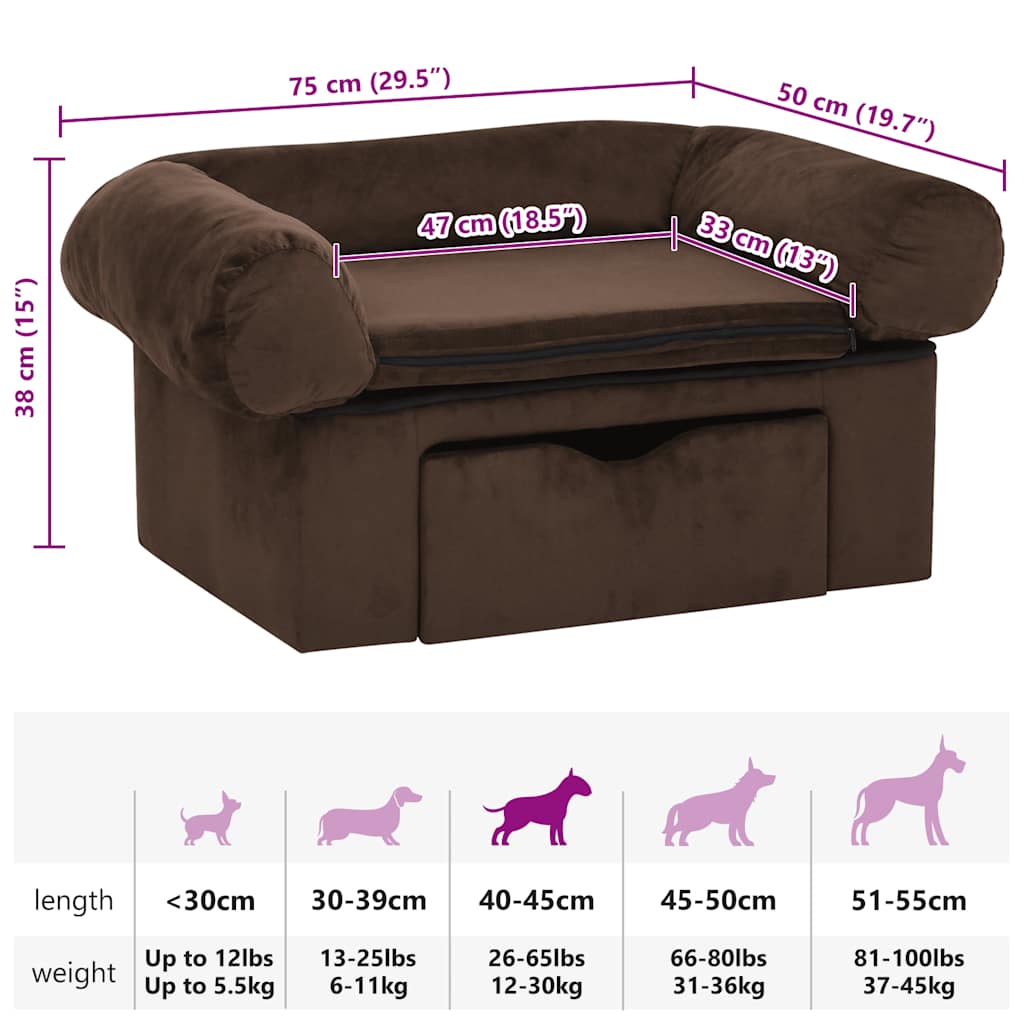 Sofa za pse s ladicom smeđa 75 x 50 x 38 cm plišana