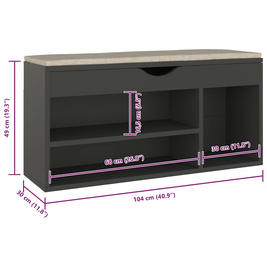 Klupa za cipele s jastukom siva 104x30x49 cm konstruirano drvo