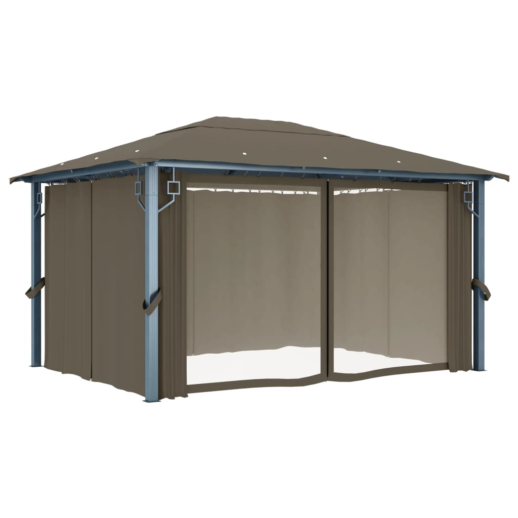 Sjenica sa zastorima i LED svjetlima 400 x 300 cm smeđe-siva