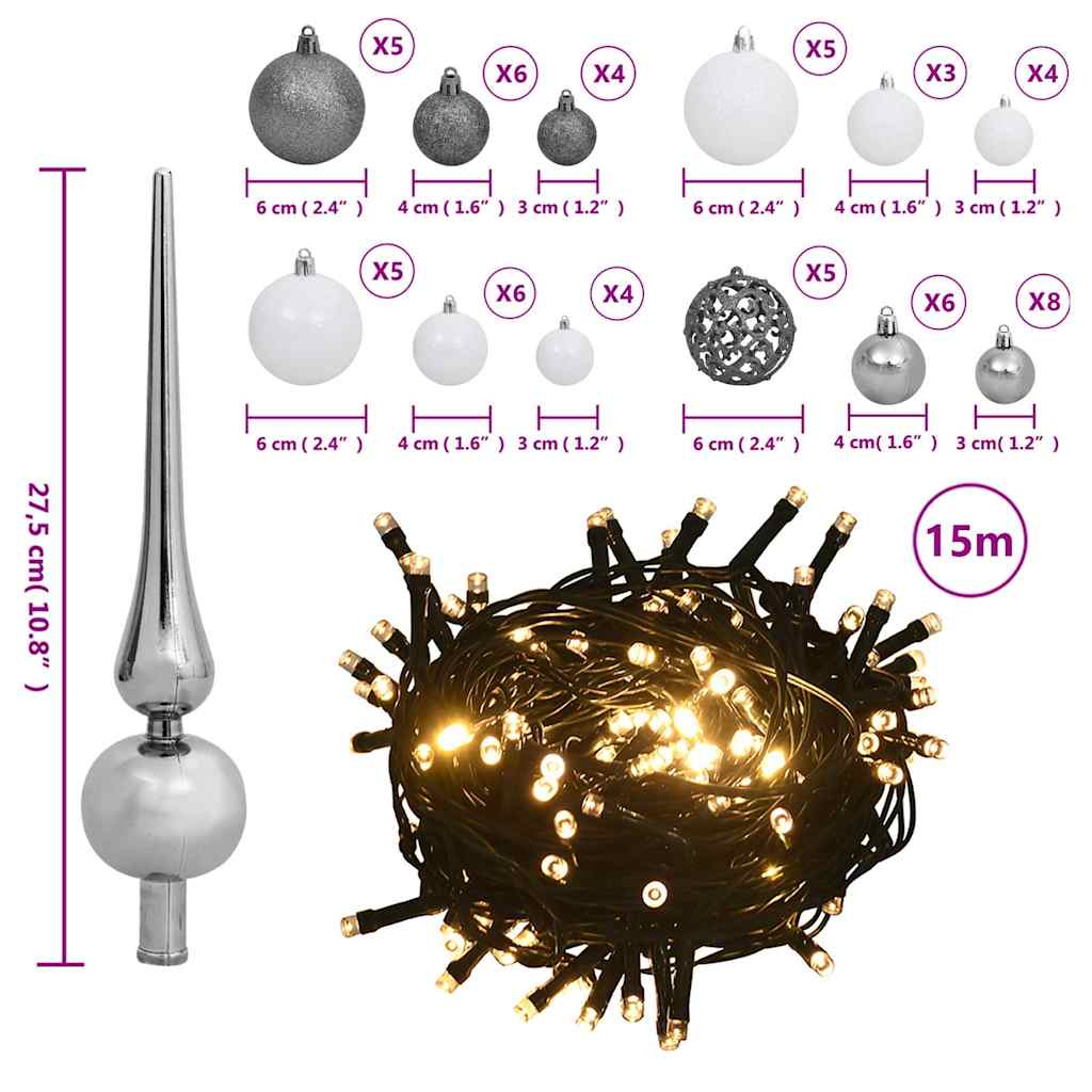 60-dijelni set božićnih kuglica s vrhom 150 LED bijelo-sivi