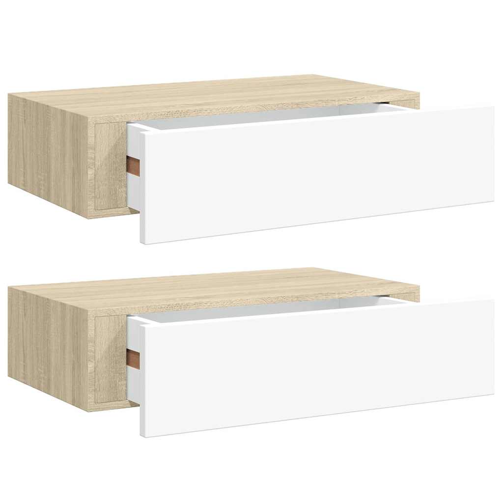 Zidne police s ladicom 2 kom hrast i bijele 40x23,5x10 cm MDF