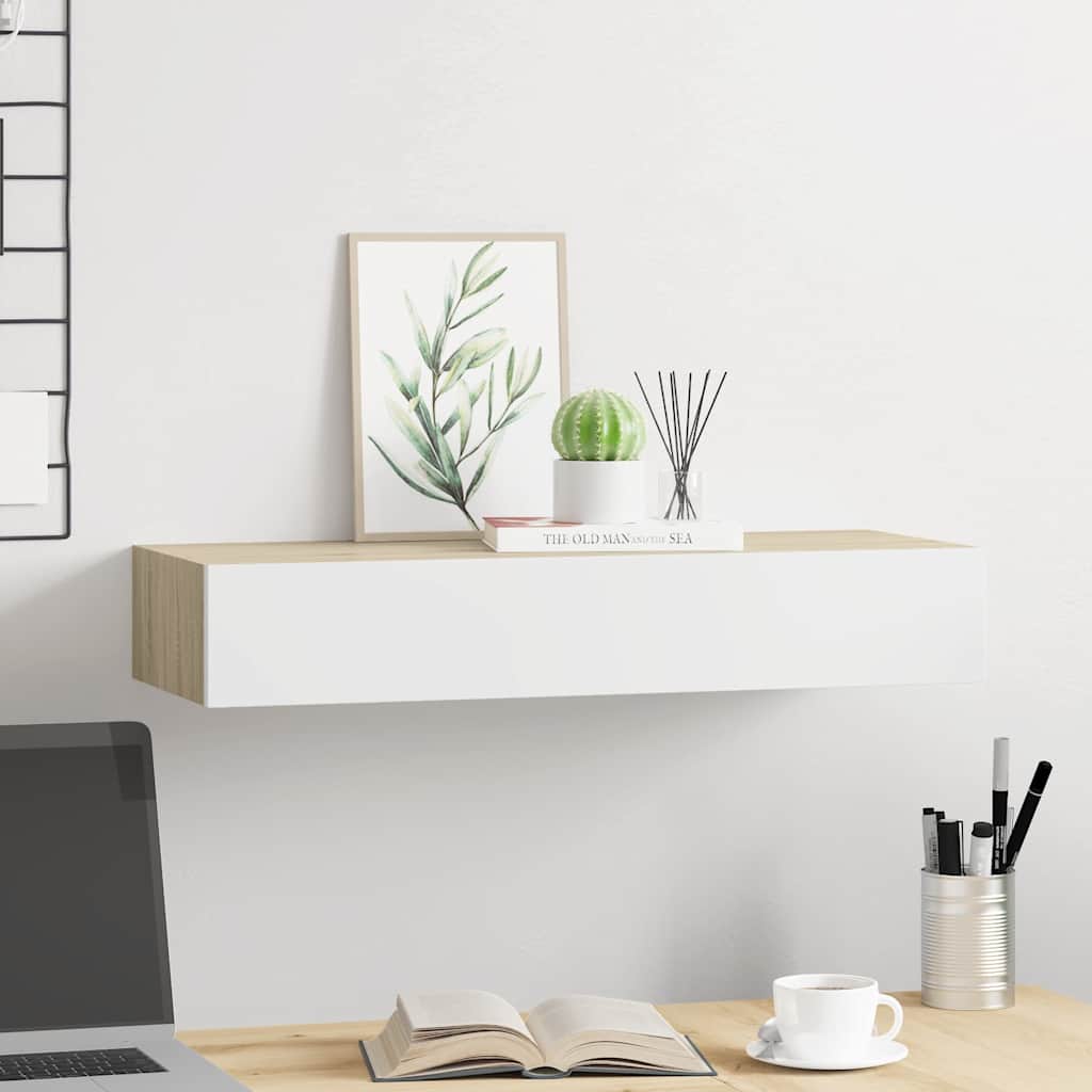 Zidna polica s ladicama hrast i bijela 60x23,5x10 cm MDF