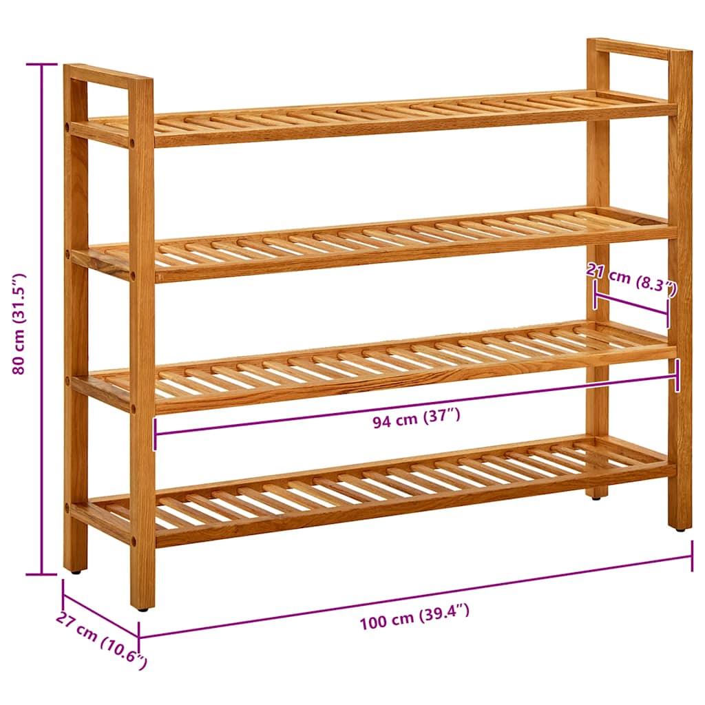 Stalak za obuću s 4 police 100x27x80 cm od masivne hrastovine
