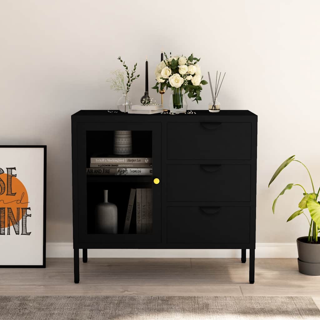 Komoda crna 75 x 35 x 70 cm od čelika i kaljenog stakla