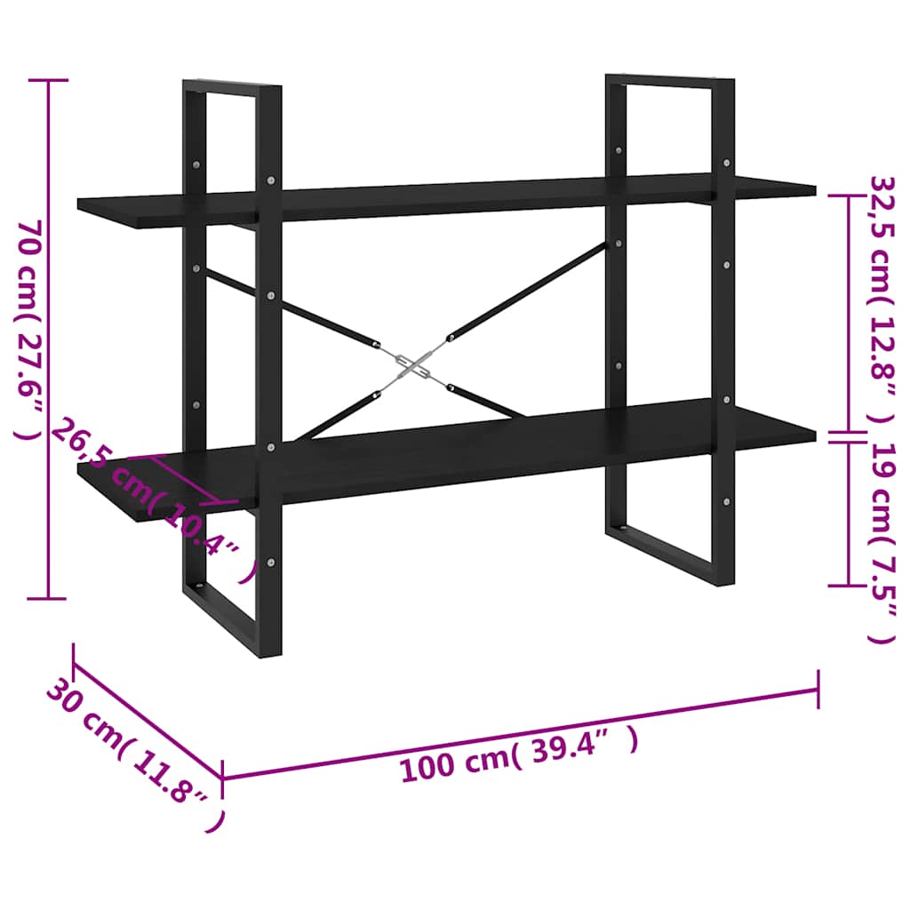 Ormarić za knjige s 2 razine crni 100 x 30 x 70 cm od borovine