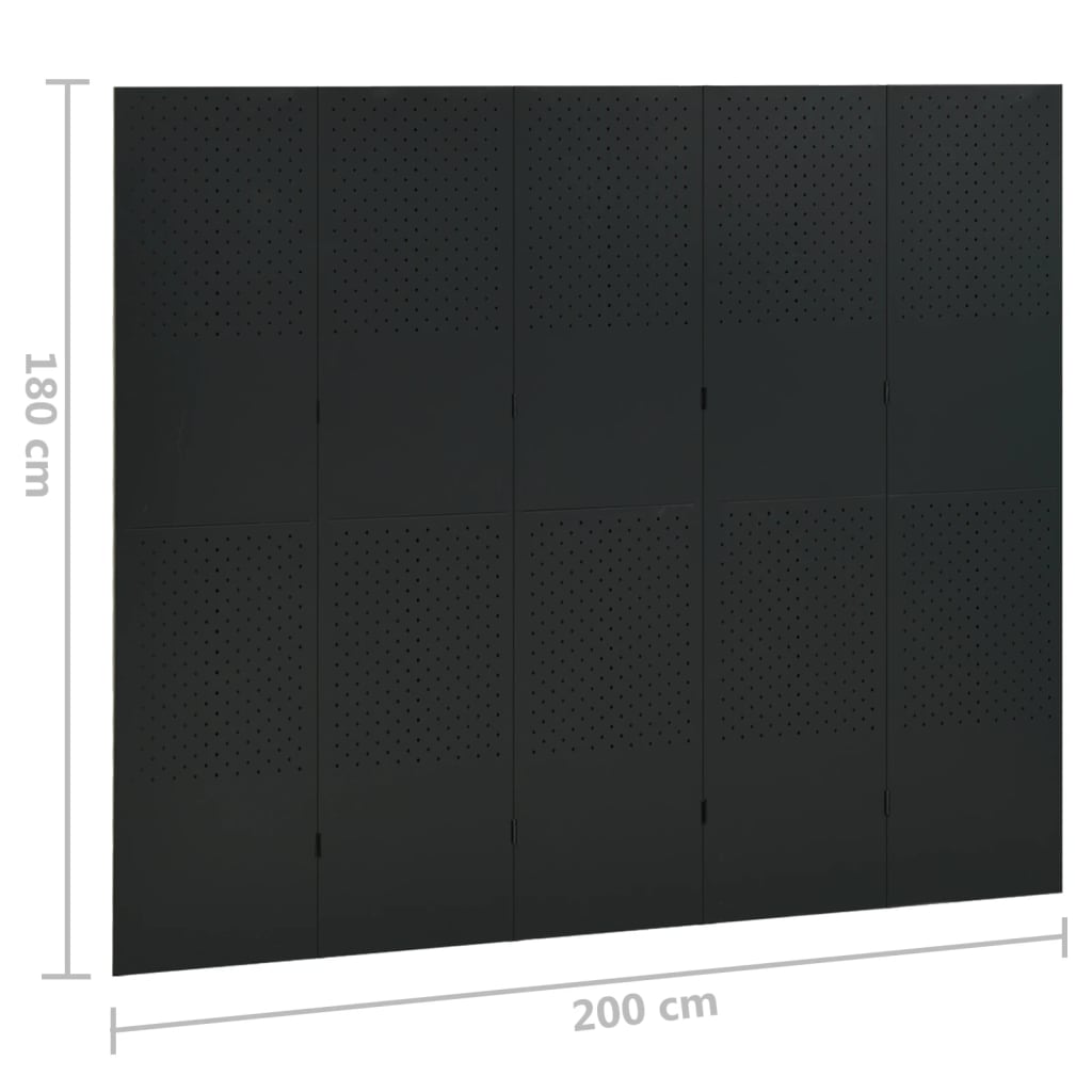 Sobna pregrada s 5 panela crna 200 x 180 cm čelična