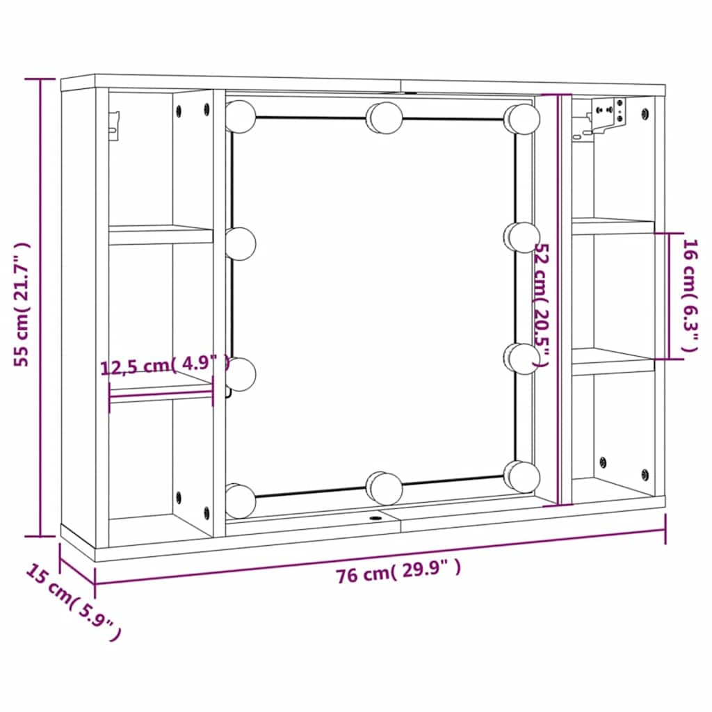 Ormarić s ogledalom i LED svjetlima crni 76 x 15 x 55 cm