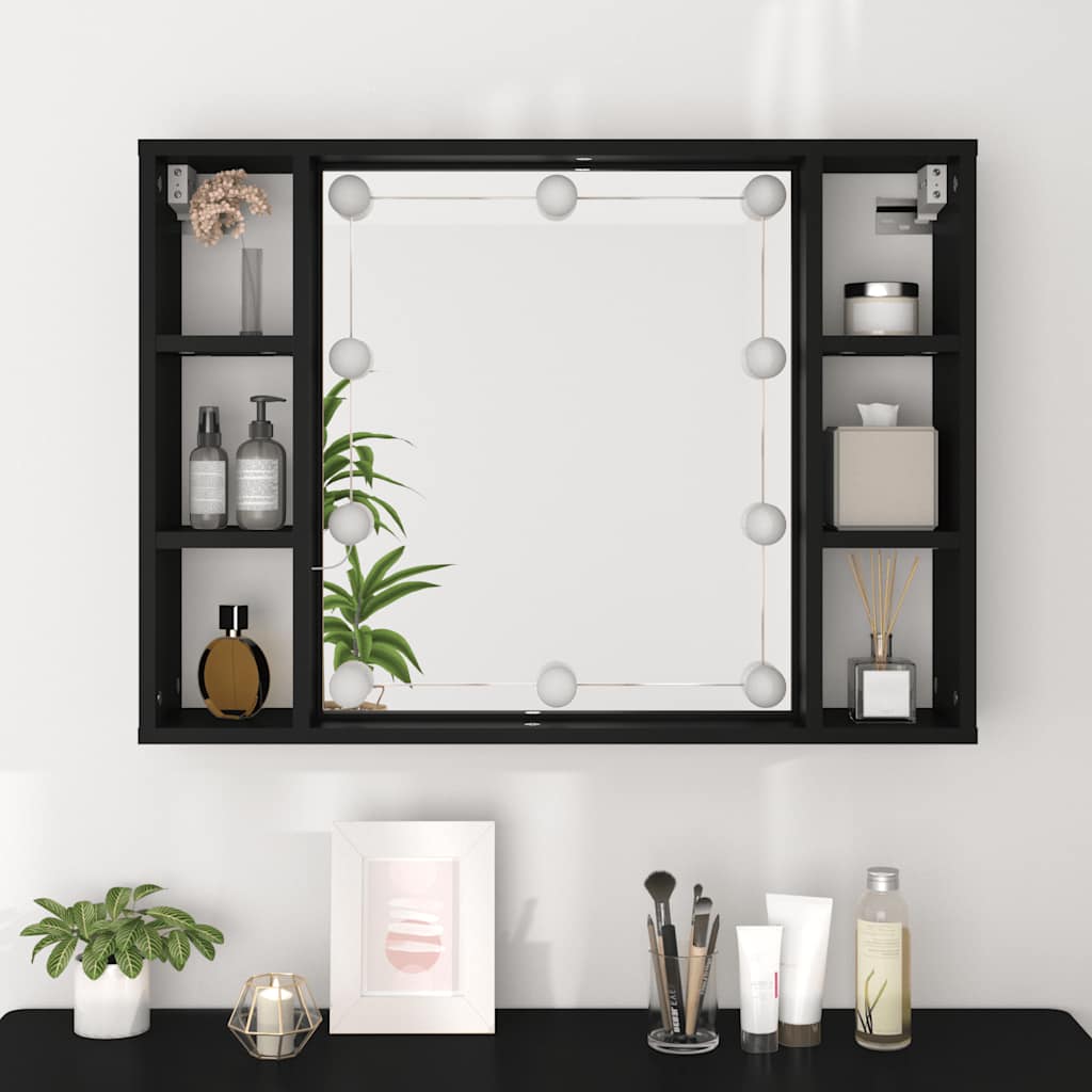 Ormarić s ogledalom i LED svjetlima crni 76 x 15 x 55 cm