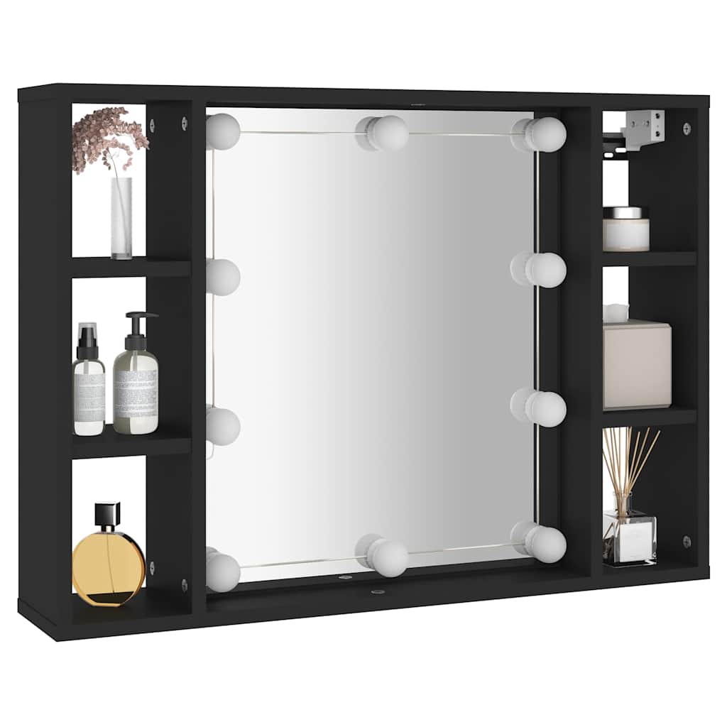 Ormarić s ogledalom i LED svjetlima crni 76 x 15 x 55 cm