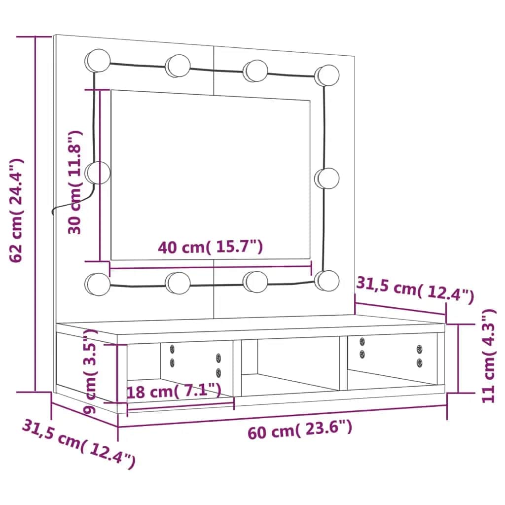 Ormarić s ogledalom i LED svjetlima bijeli 60 x 31,5 x 62 cm