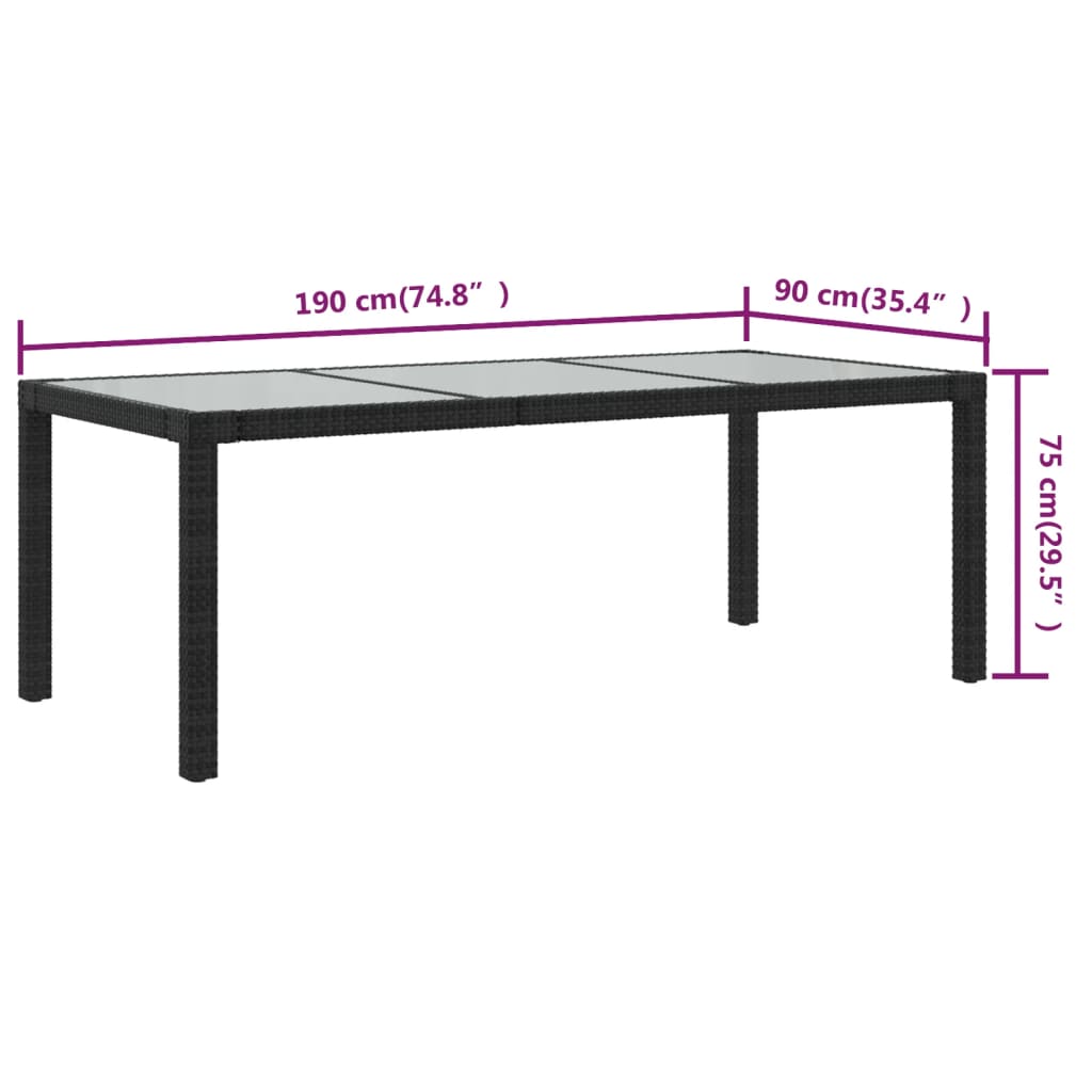 Vrtni stol crni 190x90x75 cm od kaljenog stakla i poliratana