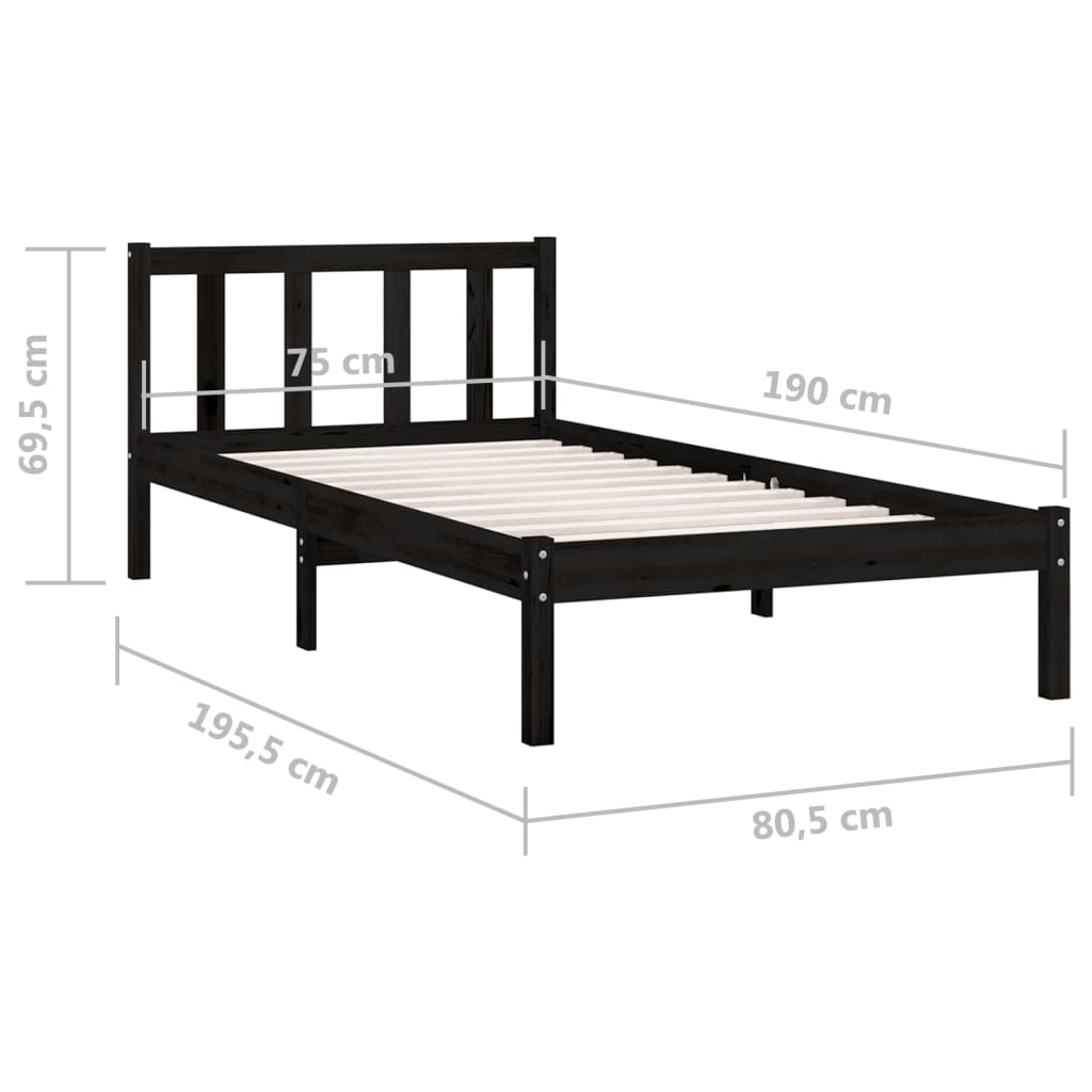 Okvir za krevet od borovine crni 75 x 190 cm jednokrevetni