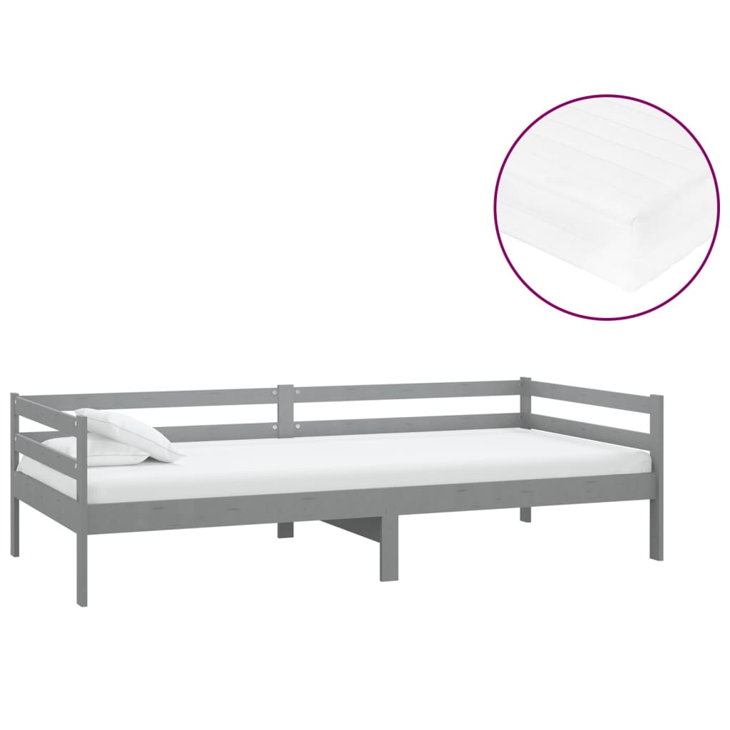 Dnevni ležaj s madracem 90 x 200 cm sivi od masivne borovine