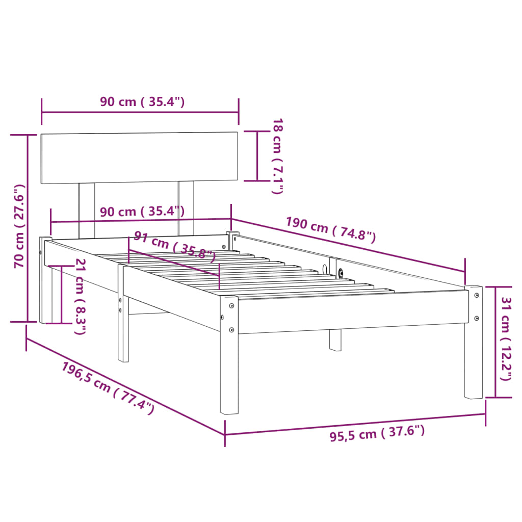 Okvir za krevet od borovine sivi 90 x 190 cm jednokrevetni
