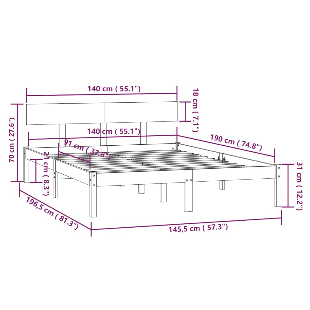 Okvir za krevet od masivne borovine crni 140 x 190 cm