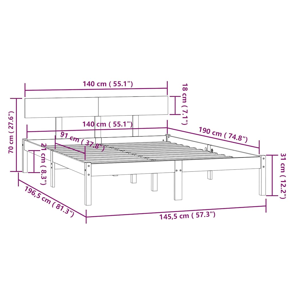 Okvir za krevet od masivne borovine crni 140 x 190 cm