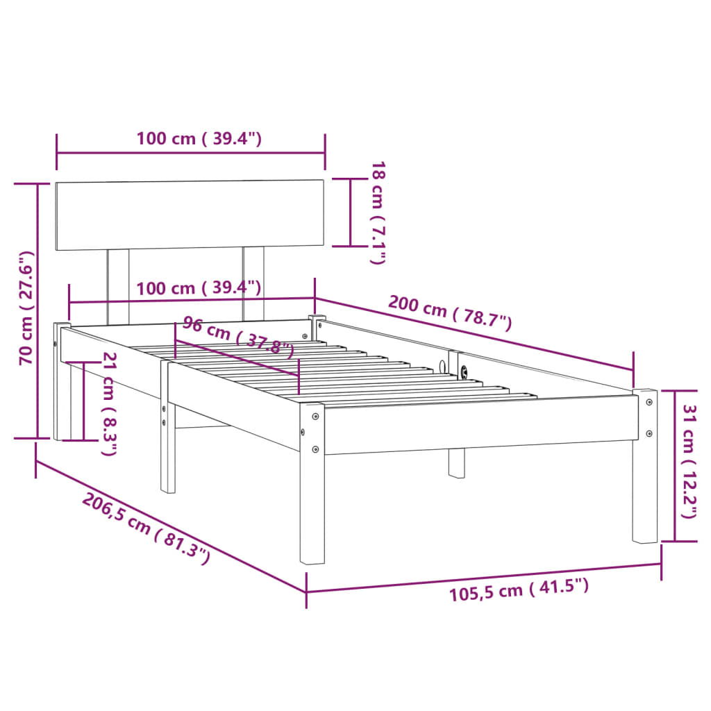 Okvir za krevet od masivne borovine sivi 100 x 200 cm