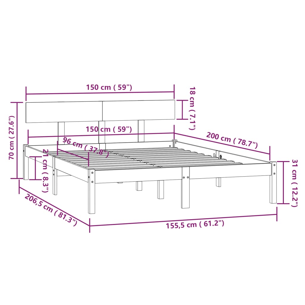 Okvir za krevet od masivne borovine crni 150x200 cm bračni