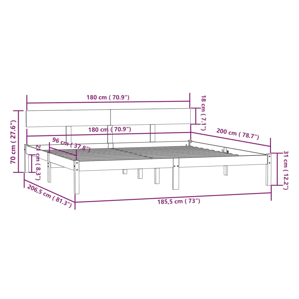 Okvir za krevet od borovine bijeli 180 x 200 cm Super King