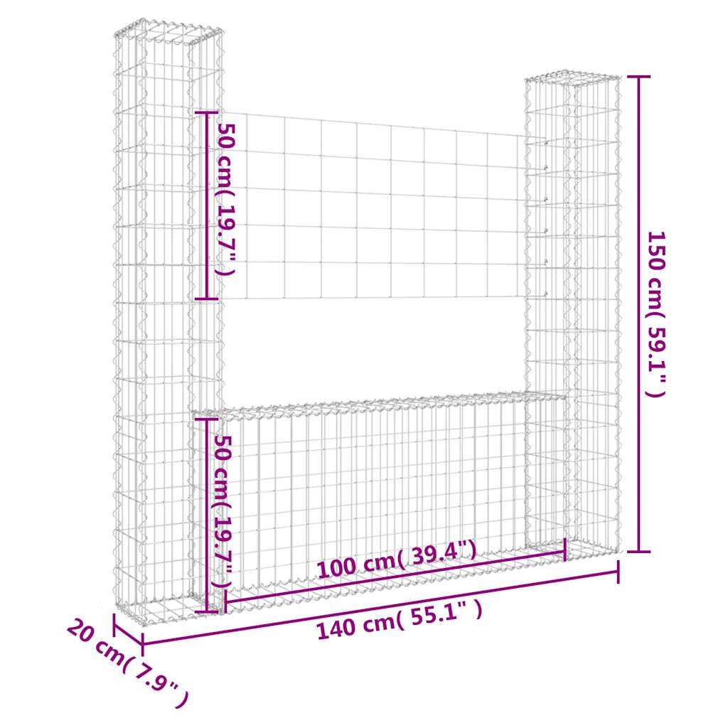 Gabionska košara U-oblika s 2 stupa 140 x 20 x 150 cm željezna