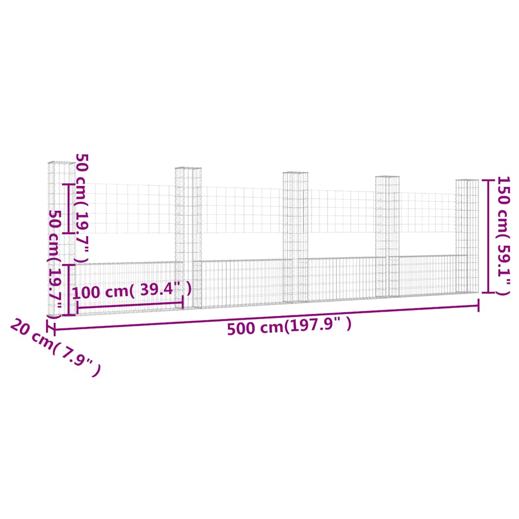 Gabionska košara U-oblika s 5 stupova 500x20x150 cm željezna