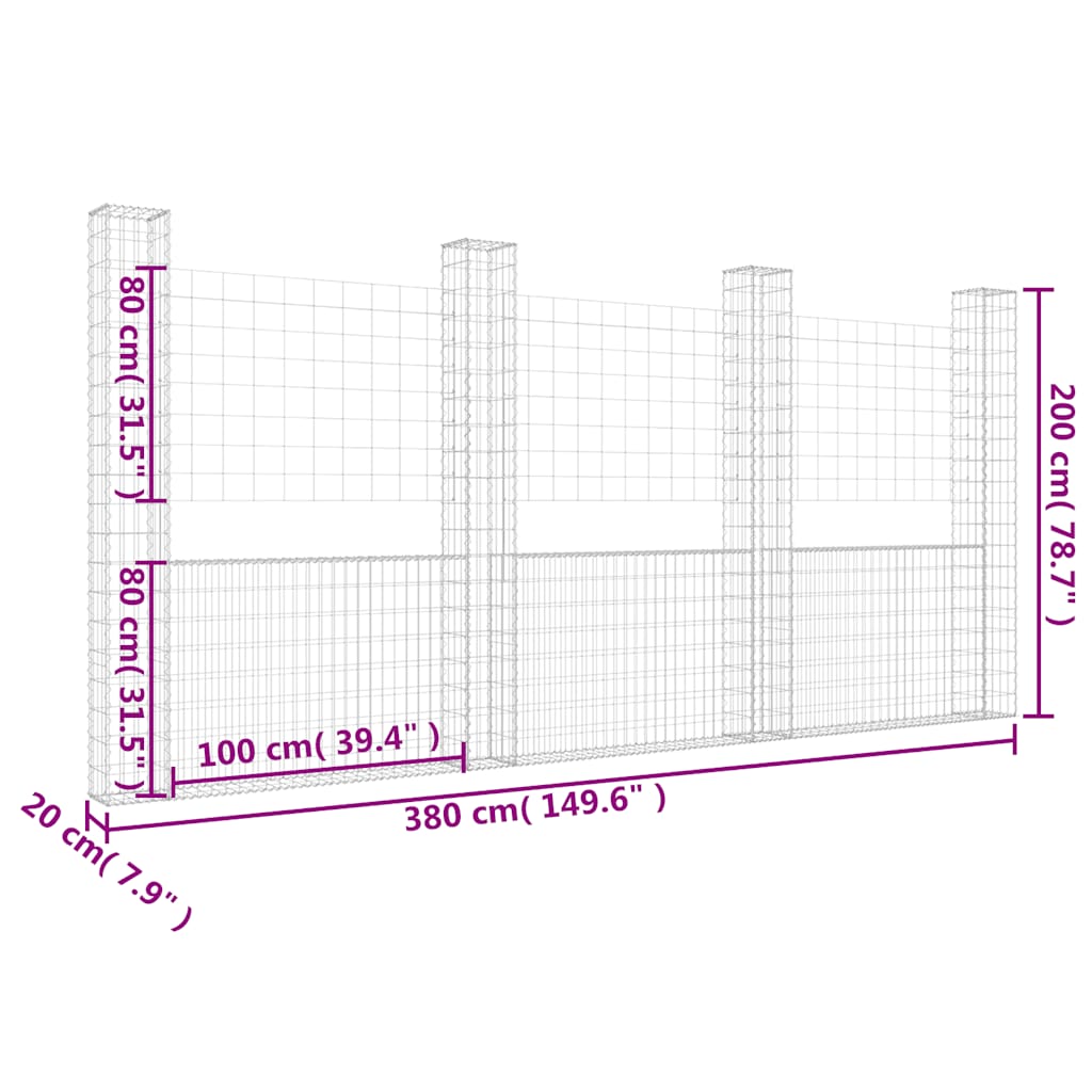Gabionska košara U-oblika s 4 stupa 380 x 20 x 200 cm željezna