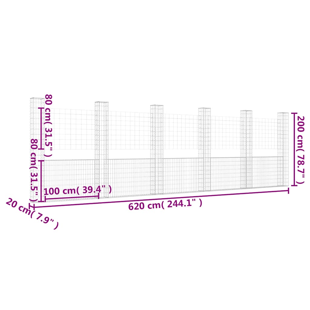 Gabionska košara U-oblika sa 6 stupova 620x20x200 cm željezna