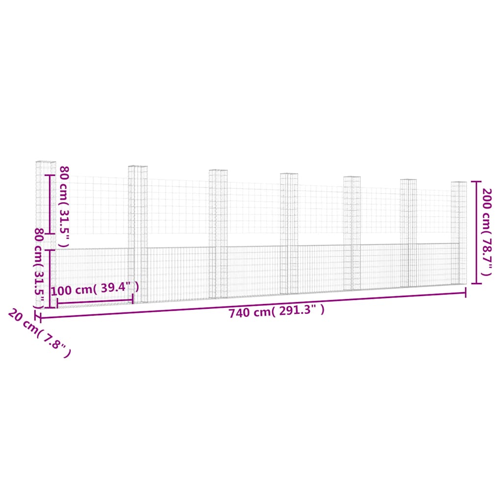 Gabionska košara U-oblika sa 7 stupova 740x20x200 cm željezna