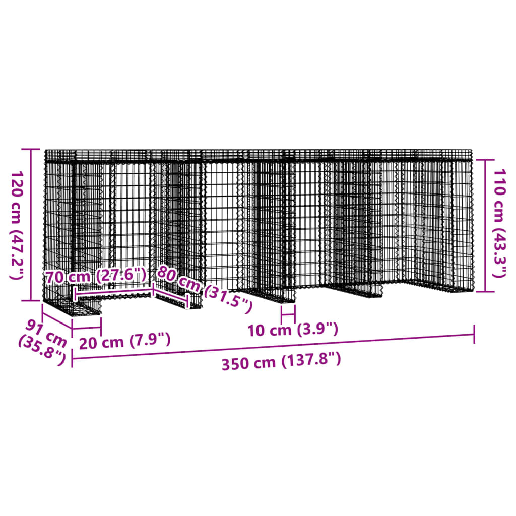 Gabionski zid za kantu za smeće 350x91x120 cm pocinčano željezo