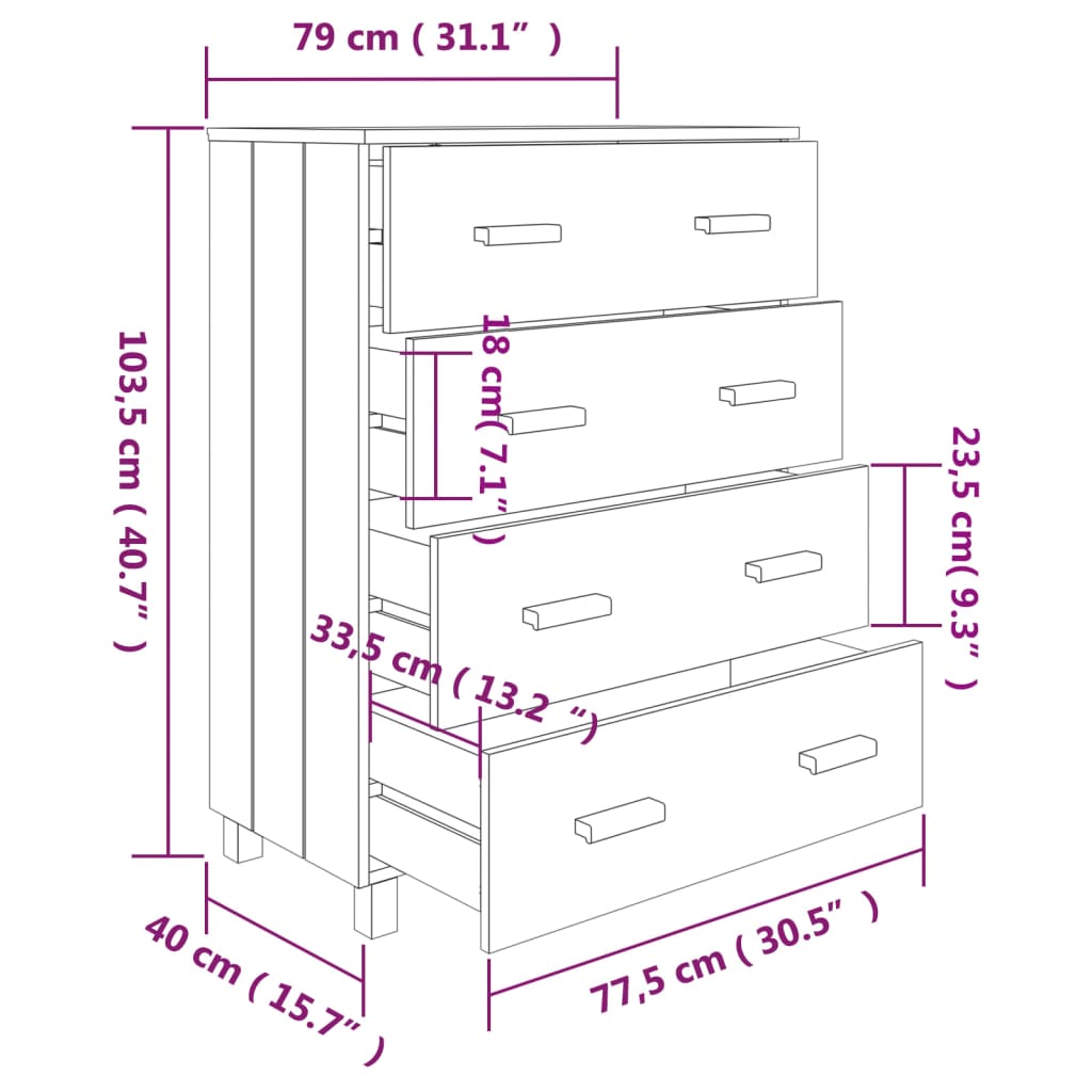 Komoda HAMAR tamnosiva 79 x 40 x 103,5 cm od masivne borovine