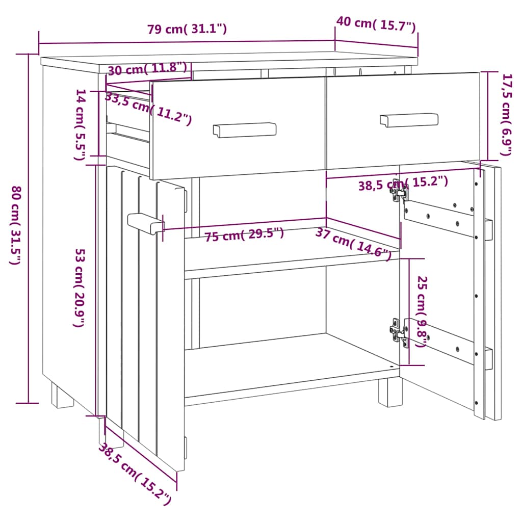 Komoda HAMAR svjetlosiva 79 x 40 x 80 cm od masivne borovine