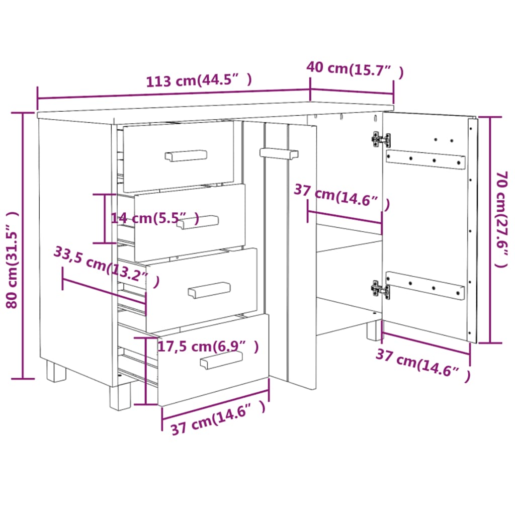 Komoda HAMAR svjetlosiva 113 x 40 x 80 cm od masivne borovine