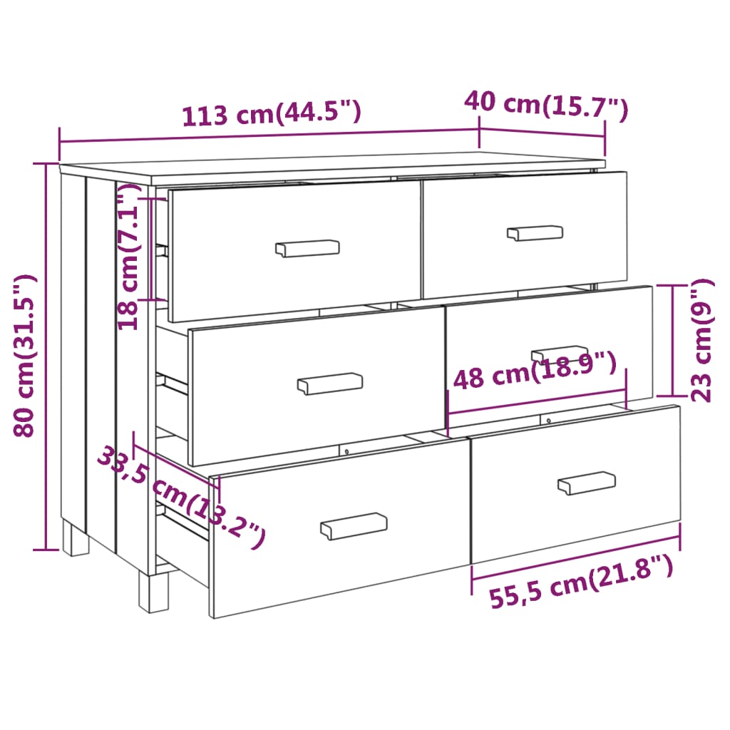 Komoda HAMAR svjetlosiva 113 x 40 x 80 cm od masivne borovine