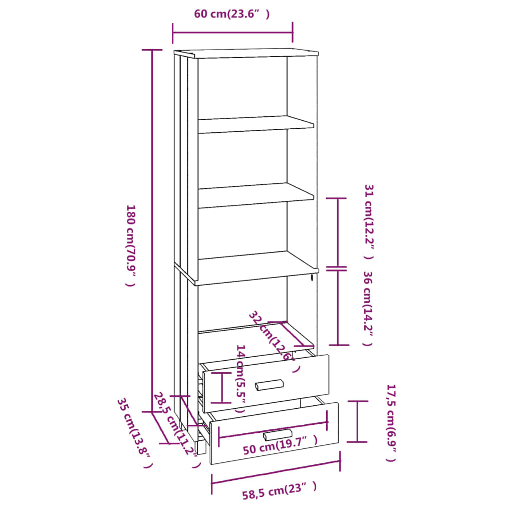 Visoka komoda HAMAR bijela 60 x 35 x 180 cm od masivne borovine
