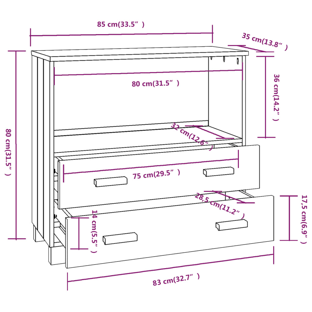 Komoda HAMAR svjetlosiva 85 x 35 x 80 cm od masivne borovine