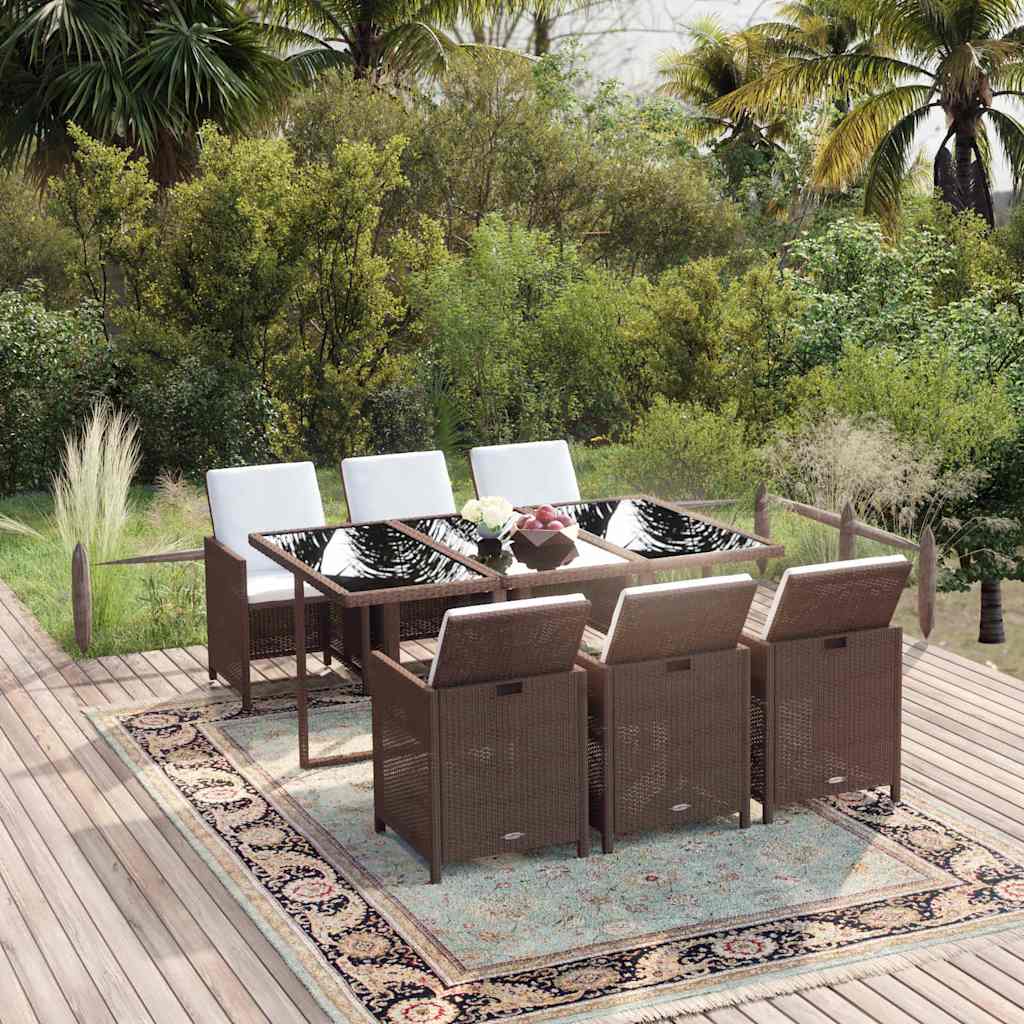 7-dijelni vrtni blagovaonski set s jastucima poliratan smeđi Smeđa 163 cm table length