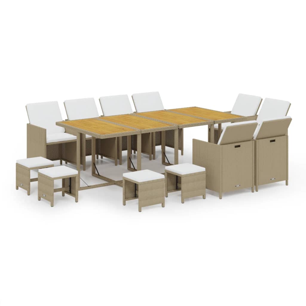 13-dijelni vrtni blagovaonski set od poliratana s jastucima bež
