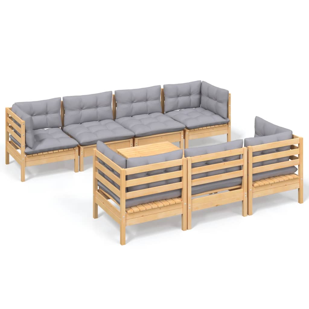 8-dijelna vrtna garnitura od borovine sa sivim jastucima