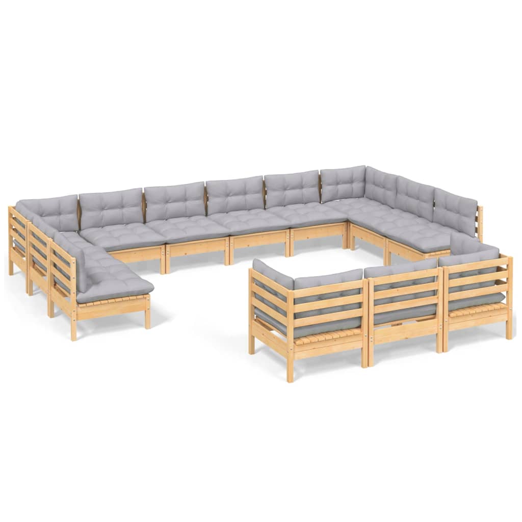 13-dijelna vrtna garnitura od borovine sa sivim jastucima