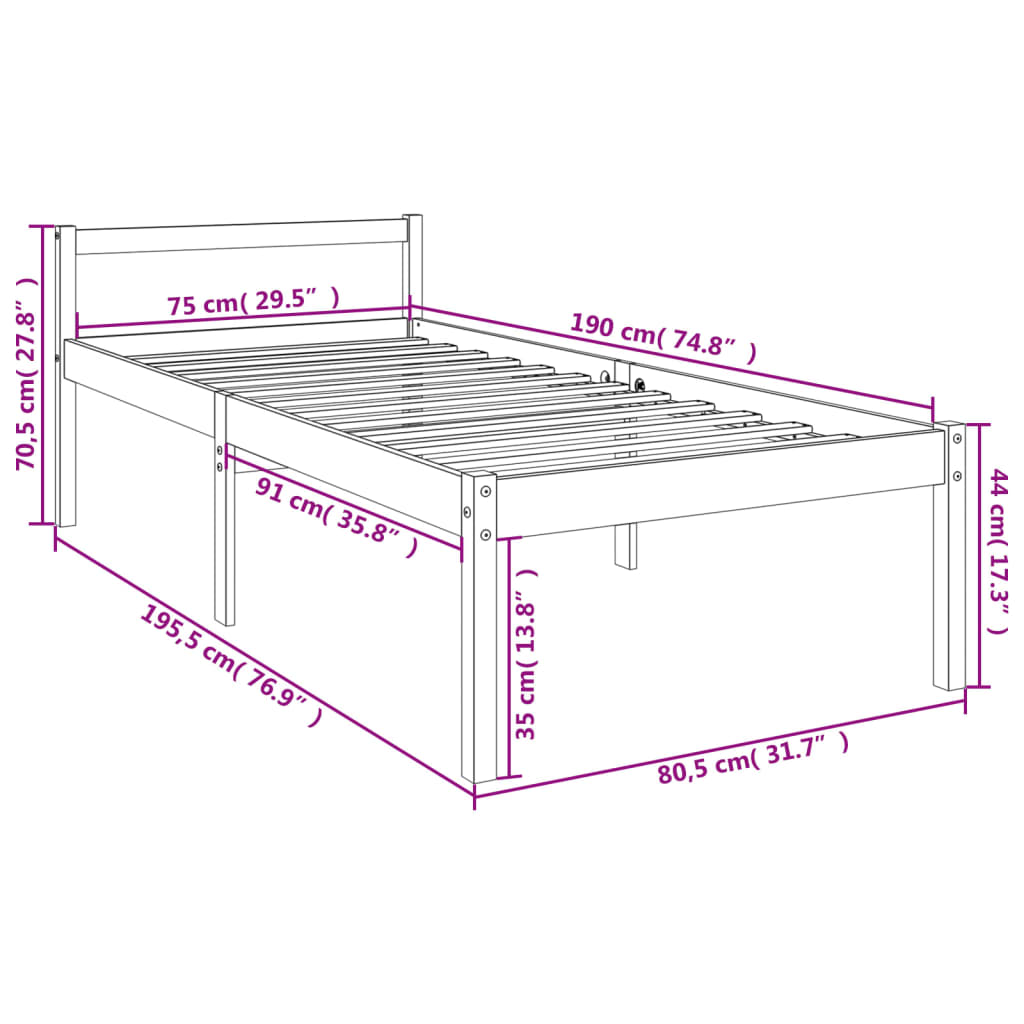 Krevet za starije osobe bijeli 75x190 cm mali masivna borovina