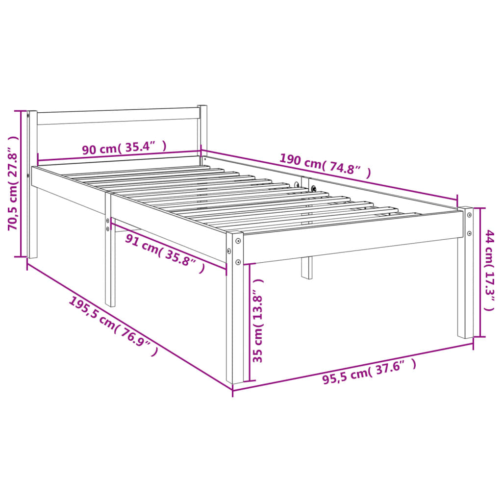 Krevet za starije osobe 90 x 190 cm mali od masivne borovine