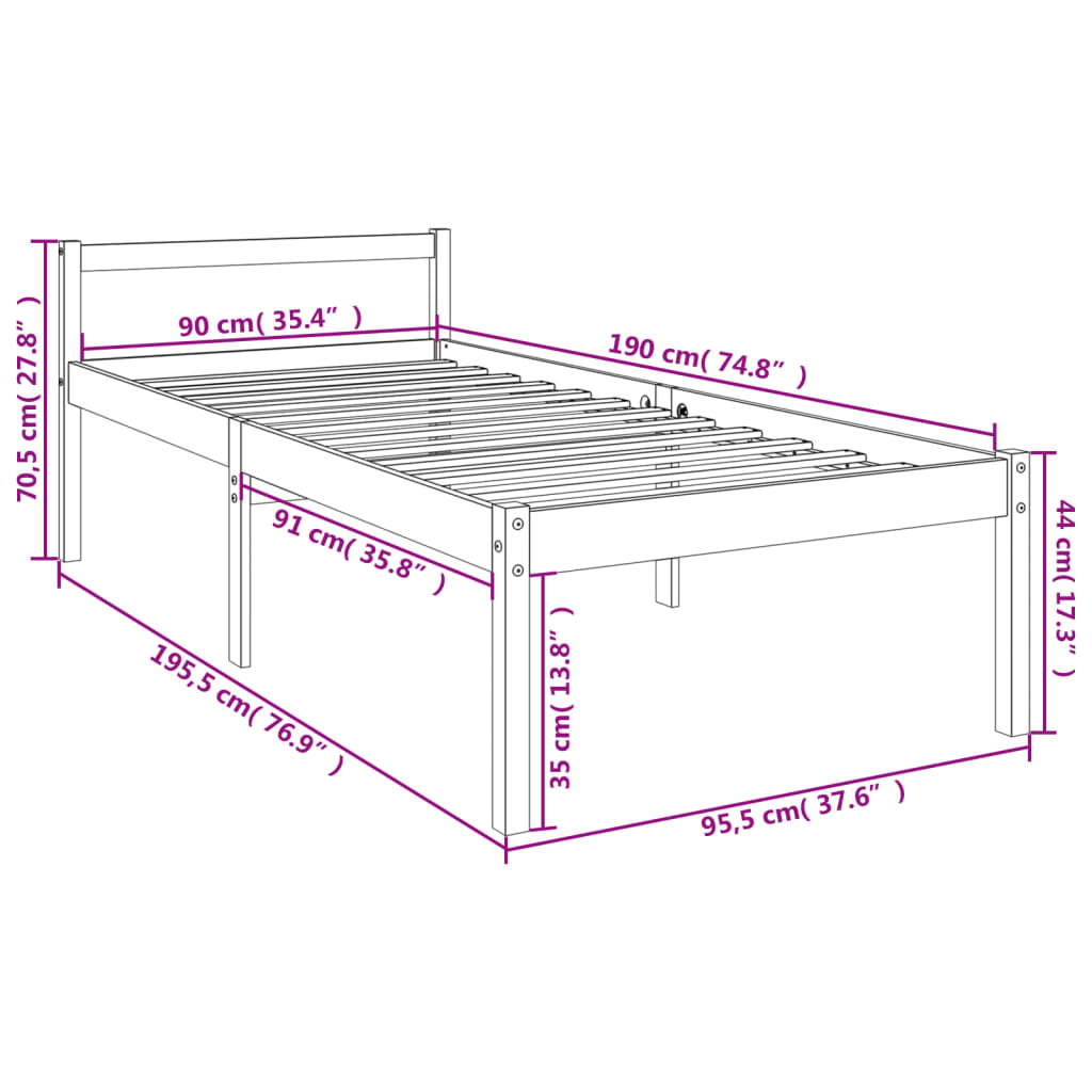 Krevet za starije osobe bijeli 90x190 cm mali masivna borovina