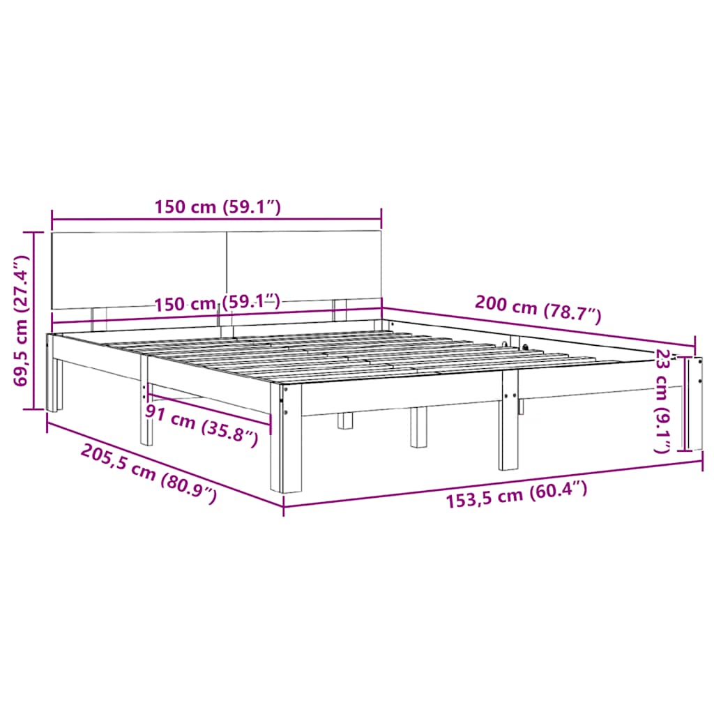 Okvir za krevet od masivne borovine bijeli 150 x 200 cm king